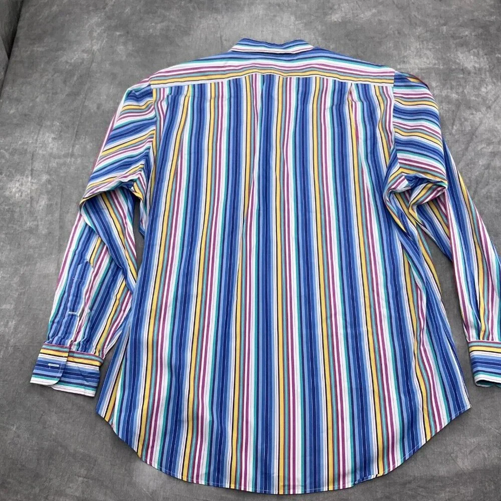Polo Ralph‎ Lauren Shirt Men Large Blue Yellow Rainbow Stripe Curham Cotton